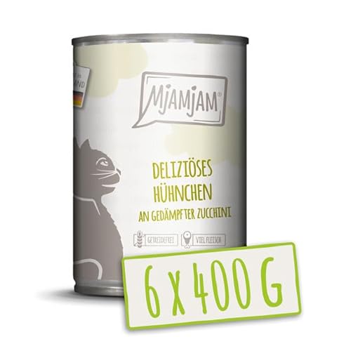 MjAMjAM Premium Nassfutter für Katzen - deliziöses Hühnchen an gedämpfter Zucchini 400g 6er Pack 6 x 400g naturbelassen mit extra viel Fleisch