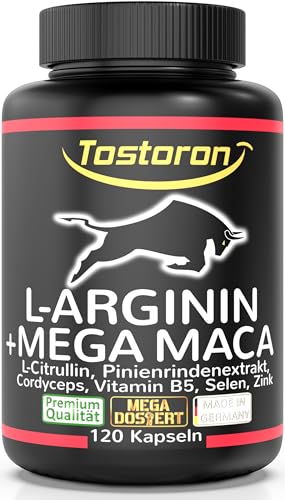 Tostoron L-ARGININ MEGA MACA extra stark hochdosiert 120 Kapseln L-Citrullin Pinienrinden Extrakt Cordyceps Selen B5 Zink 1 Dose 1x98 5g