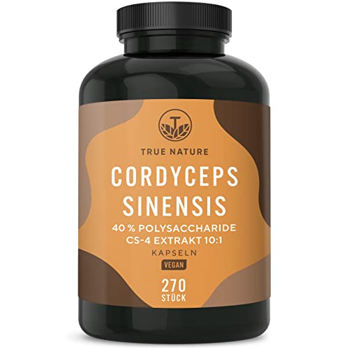 Cordyceps Sinensis CS-4 Extrakt - 270 Kapseln 650 mg mit 40% bioaktiven Polysacchariden - Laborgeprüft - Hochdosierter Vitalpilz - 1300 mg Tagesdosis - Vegan Deutsche Produktion - TRUE NATURE
