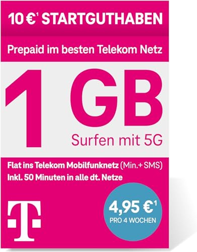 Telekom MagentaMobil Prepaid S SIM-Karte ohne Vertragsbindung 5G inkl. I 1 GB Flat ins Telekom Mobilfunknetz 50 Freiminuten in alle anderen dt. Netze I Surfen mit 5G LTE Max 10 EUR Startguthaben