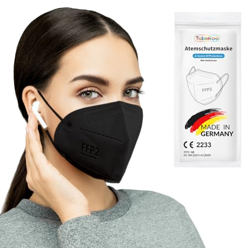 TubeRoo FFP2 Maske schwarz 10 Stück Masken aus Deutschland Made in Germany weiche runde Ohrschlaufen Bänder Atemschutzmaske Mundschutz