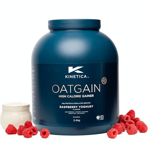 Kinetica Oatgain Weight Gainer 600 kcal pro Portion 15 Portionen inkl. gratis Messbecher Muskelaufbau Pulver aus Hafer Whey Protein u. Vitaminen Super Löslichkeit Himbeer-Joghurt