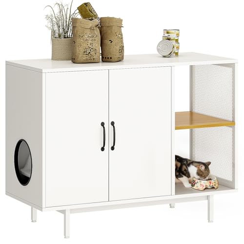 sogesfurniture Katzenschrank Katzentoilette Katzenklo Schrank Katzenhaus Katzenhöhle mit 2 Türen Ablagen für Aufbewahrung von Katzenfutter Katzenstreu Katzenmöbel Beistelltisch 96 42 73cm