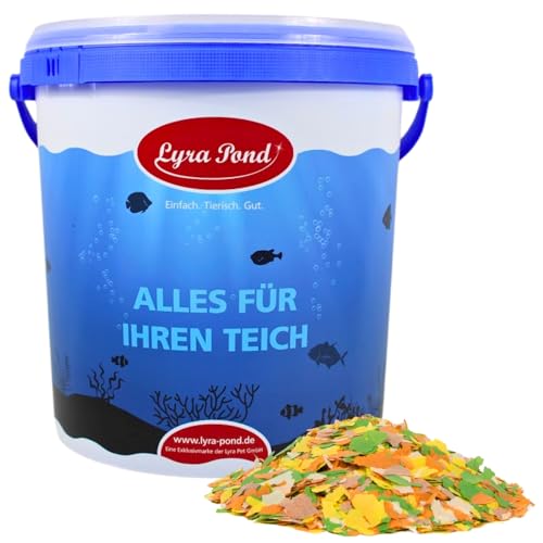 Lyra Pond 10 L Multi Flakes im Eimer Flockenfutter für Teichfische Leicht verdauliches Teichfutter aus Mais Weizenmehl Sehr Geringes Gewicht Ausgewogenes Aminosäure Fettsäure-Profil