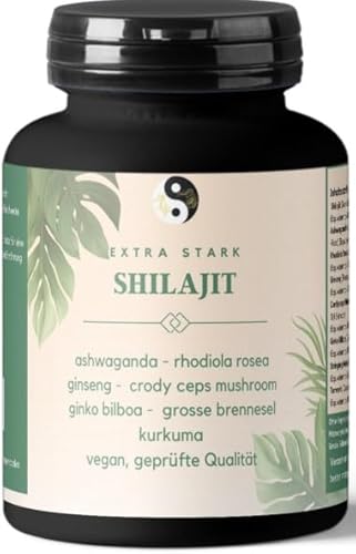 Shilajit Kapseln mit Ashwagandha Rhodiola Rosea - Rosenwurz Ginseng Cordyceps Mushroom Ginkgo Biloba Große Brennnesselwurzel Kurkuma 120 Stück vegan