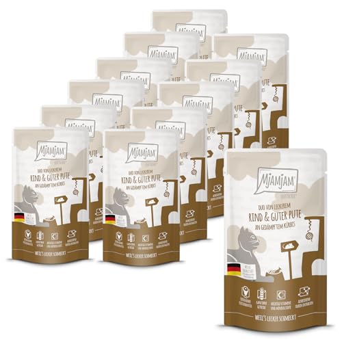 MjAMjAM - Premium Nassfutter für Katzen - Quetschie - DUO von leckerem Rind guter Pute an gedämpftem Kürbis 12er Pack 12 x 125g getreidefrei mit extra viel Fleisch