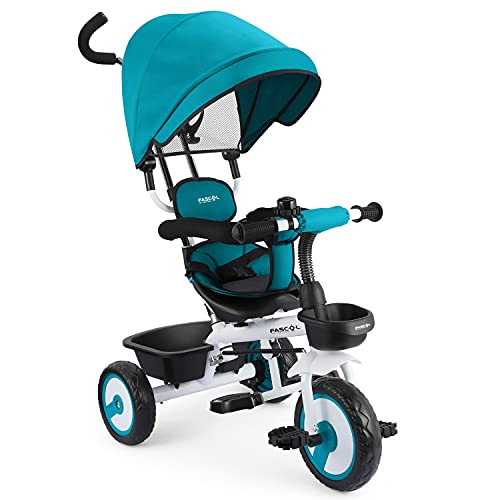 Fascol Baby 4 in 1 Kinderdreirad Tricycle für ab 12 Monate bis 5 Jahren Abnehmbarer Sonnendach Schubstange Dreiräder Becherhalter Blau