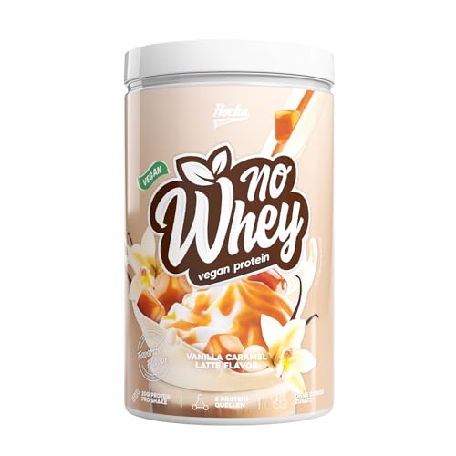 Rocka Nutrition NO WHEY veganes Proteinpulver mit Kaffeeextrakt Pflanzliches Protein Pulver mit 20 g Protein pro Portion Multikomponentenprotein 100% Geschmack 1 kg Vanilla Caramel Latte