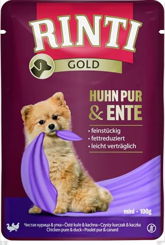 Rinti Gold Mini Huhn Pur Ente 10 x 100 g Alleinfuttermittel für ausgewachsene kleine Hunde Huhn und Ente für empfindliche Hunde bei Allergien Im Frischebeutel