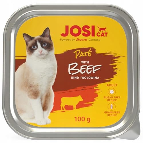 JosiCat Pat with Beef 16 x 100 g Saftiges Katzenfutter mit Rind Vitamin E D3 getreidefrei Premium Nassfutter für ausgewachsene Katzen Alleinfutter Powered by JOSERA 16er Pack