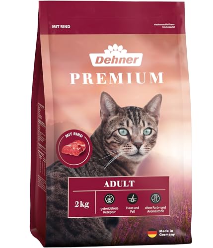 Dehner Premium Katzenfutter Trockenfutter getreidefrei für ausgewachsene Katzen Rind 2 kg