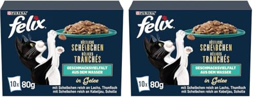 Felix Köstliche Scheibchen Katzenfutter nass in Gelee Geschmacksvielfalt aus dem Wasser 12er Pack 6 x 10 Beutel 80g