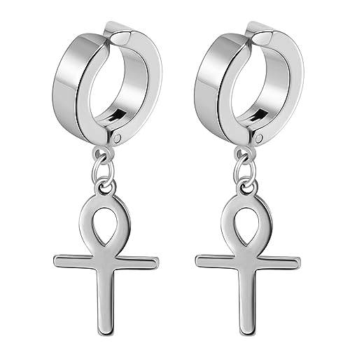 Flongo Creolen Ohrklemme mit Ankh Ägyptischen Kreuz Anhänger silber Ohrringe Ohne Loch edelstahl Baumeln non-piercing ohrklipp ear clips earrings für Damen Herren mädchen