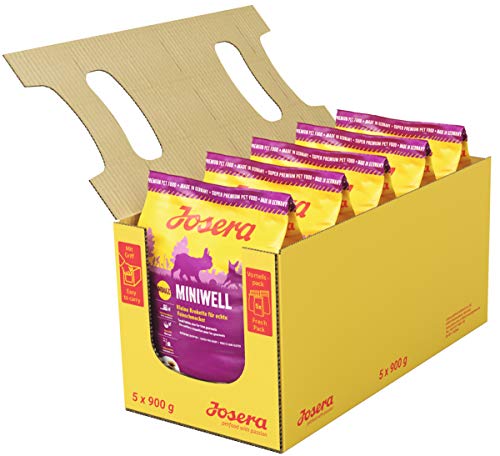 JOSERA Miniwell 5 x 900 g Adult Mini Premium Trockenfutter für ausgewachsene Hunde Kleiner Rassen Geflügel Reis Kleine Kroketten extraverträglich weizenfrei Hundefutter 5er Pack