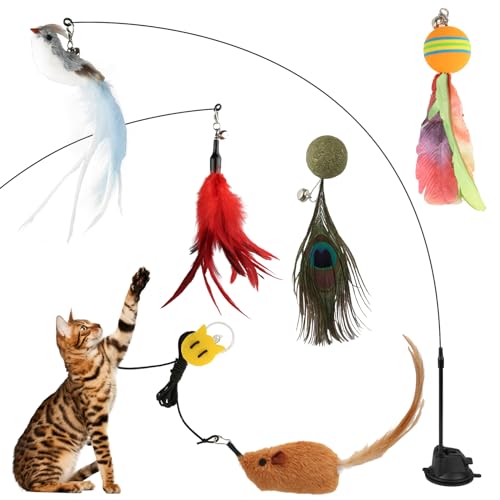 Aubess Katzenspielzeug 8 Stück Katzenspielzeug Selbstbeschäftigung Interaktives Katzenspielzeug mit Glocken Anhänger Katzenspielzeug Angel mit Federn Vogel Bellender Maus und Saugnapf