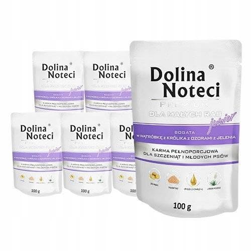 Dolina Noteci Junior Glutenfrei Premium Nassfutter für Kleine Hunde mit Kaninchenleber und Hirschzunge Beutel 10 x 100g Nassfutter für Welpen