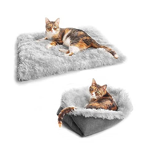 Koomiao Korb aus Plüsch für Katzen bequemes Kissen für Haustiere Anti-Stress Sofa Bett 2 in 1 Matte für Katzen Winterkatzen grau