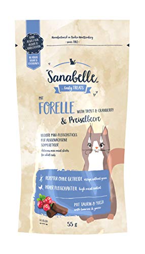 Sanabelle Snack Forelle und Preiselbeere Leckere Mini-Fleischsticks für ausgewachsene Katzen 20 x 55 g