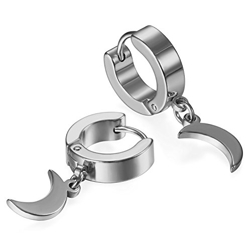 JewelryWe Schmuck Herren Ohrringe Creolen Edelstahl Huggie Hoop Klappcreolen Ohrpiercing Ohrhänger Ohrstecker mit Mond Anhänger Geschenk für Männer Damen Silber