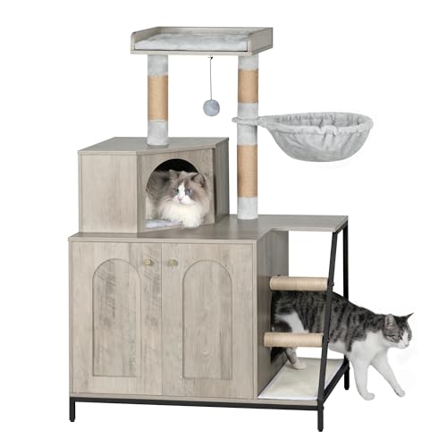 Hzuaneri Katzenschrank 4-in-1 Modernes Katzenhaus mit Großer Plattform Katzenhaus mit Sisal-Kratzmatte Pfosten Treppe und Pompom Waschbare Kissen Greige CB81005B