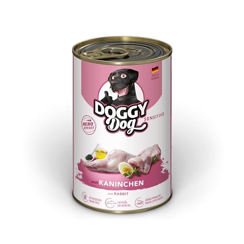 DOGGY Dog Pat Kaninchen Sensitive 6 x 400 g Nassfutter für Hunde getreidefreies Hundefutter mit Lachsöl und Grünlippmuschel besonders gut verträgliches Alleinfuttermittel Made in Germany