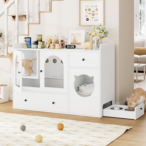 FirFurd Katzenschrank 140cm Breit Katzenklo Schrank Katzentoilette 5 in 1 Katzenhaus mit Futternapf Katzenkloschrank für mehrere Katzen Katzenschrank mit Katzenklo versteckt Sideboard weiß