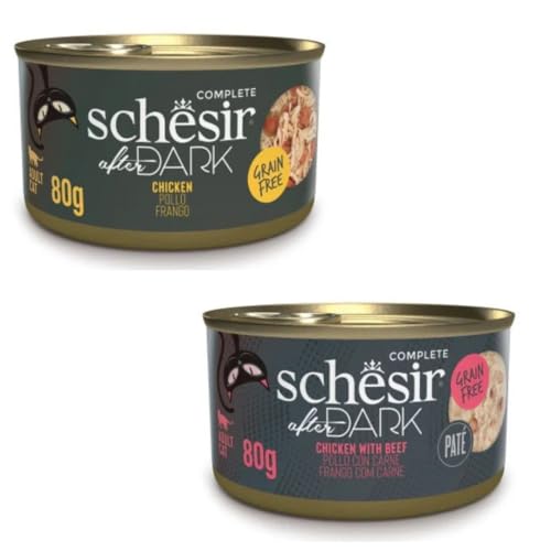 Schesir After Dark Nassfutter für Katzen in Pastete und Brühe 2er Pack 24 x 80 g sortiert 24 x 80 g Huhn in Brühe Hühnchen mit Rindfleisch in Pastete