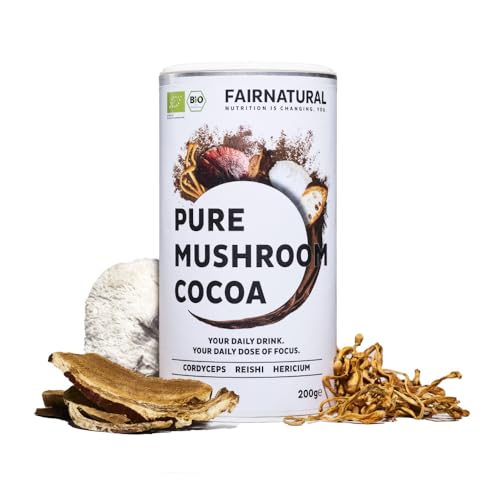 BIO Mushroom Kakao Pulver Vegan - Mushroom Coffee Pilz Komplex - hochdosiert mit Hericium Erinaceus Lions Mane Chaga Pilz Reishi Extrakt Cordyceps Kakao Fairnatural - 20 Portionen 200g