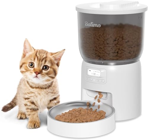 Balimo Futterautomat Katze 3L Katzenfutter Automat Programmierbarer Timer Katzen Futterautomaten Futterautomaten für Katzen und Hunde 1-6 Mahlzeiten pro Tag Mit Waschbecken aus Edelstahlnapf Weiß