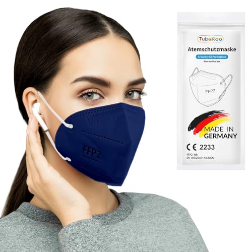 TubeRoo FFP2 Maske blau duneklblau marine 50 Stück Masken aus Deutschland Made in Germany weiche runde Ohrschlaufen Bänder Atemschutzmaske Mundschutz
