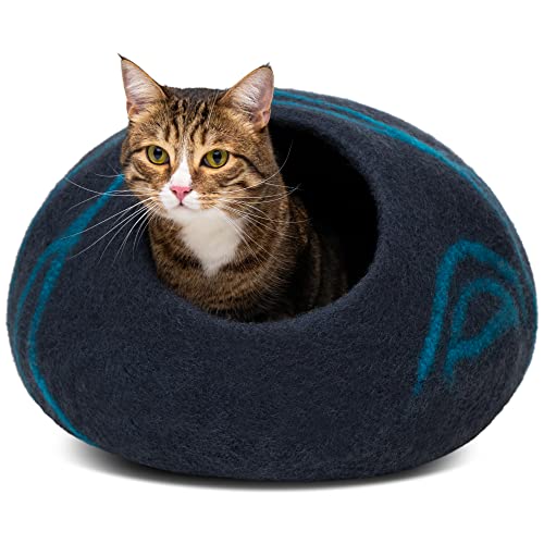 MEOWFIA Premium Filz Katzenbett Höhle Handgefertigtes Bett aus 100% Merinowolle Kätzchen dunkle Farbtöne Medium Ocean Jaspis
