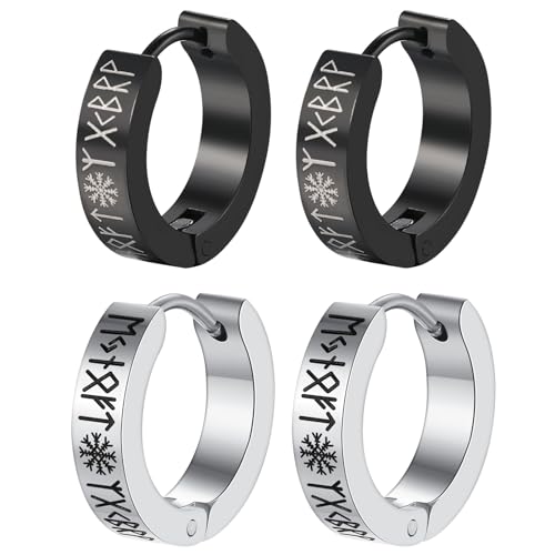 Flongo Wikinger Runen Huggie Ohrringe Herren Ohrstecker Creolen viking schwarz silber Set 2 Paare hoop earrings Piraten nordisch Edelstahl schmuck punk schmuck Geschenk für Männer Jungs Frauen Damen