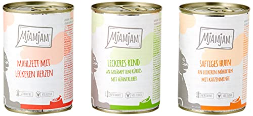 MjAMjAM - Premium Nassfutter fÃ¼r Katzen - Mixpaket I - Huhn Rind Herzen 6er Pack 6 x 400 g getreidefrei mit extra viel Fleisch