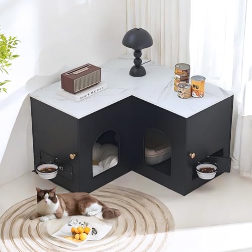 JanflyHome Ecktoilette Gehege für 2 Katzen 80.0 cm Versteckte Katzentoilette Möbel mit zusammenklappbarer Katzenfutterstation Innenklo Schrank 80.0 x 45.0 x 50.0 cm Schwarz