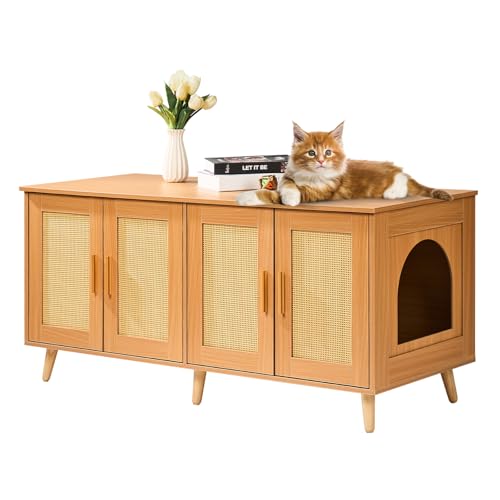 VEVOR Katzenschrank Katzenklo Schrank versteckt mit Rattan-verzierten Türen Katzentoilettenschrank aus Holz passt in die meisten Katzentoiletten 1 19 m L x 0 5 m B x 0 55 m H Holzfarbe