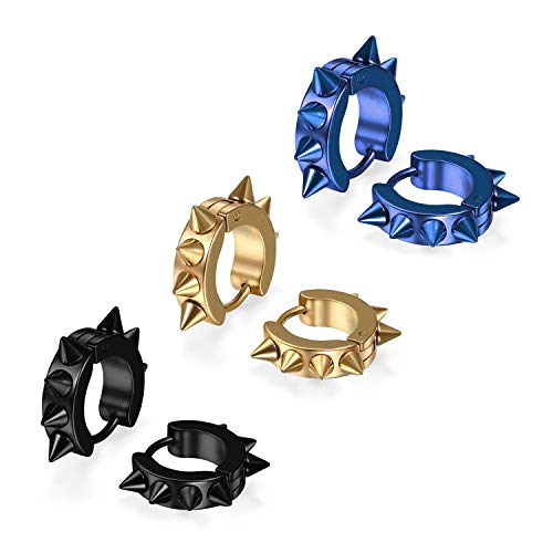 Flongo Ohrringe 6 Stück Edelstahl Creolen Gestüt Stecker Ohrringe Ohrstecker Set Ohrhänger Fake Tunnel Fake Plug Gold Golden Schwarz Blau Spitze Nieten Ahle Taper Punk Rock Hip-Hop Herren Damen