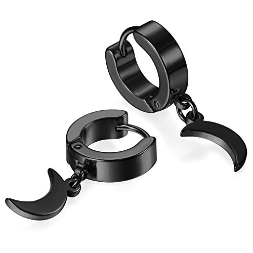 JewelryWe Schmuck Herren Ohrringe Creolen Edelstahl Huggie Hoop Klappcreolen Ohrpiercing Ohrhänger Ohrstecker mit Mond Anhänger Geschenk für Männer Damen Schwarz