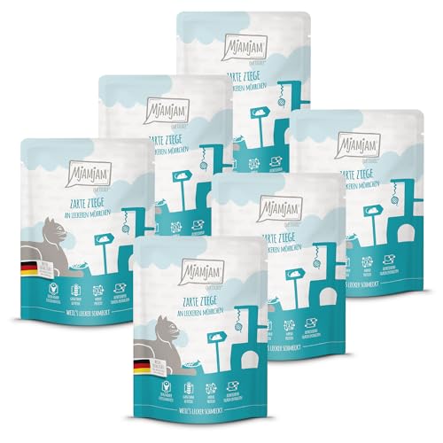 MjAMjAM - Premium Nassfutter für Katzen - Quetschie - zarte Ziege an leckeren Möhrchen 6er Pack 6 x 300 g getreidefrei mit extra viel Fleisch