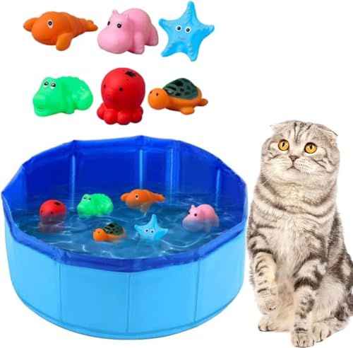 Katzen-Pool-Spielzeug mit Fisch-Wasser-Katzenspielzeug tragbares Katzenpool-Spielzeug mit 6 Spielzeugen Schwimmbad-Fischspielzeug für gelangweilte Indoor-Katzen interaktives Katzenspielzeug für