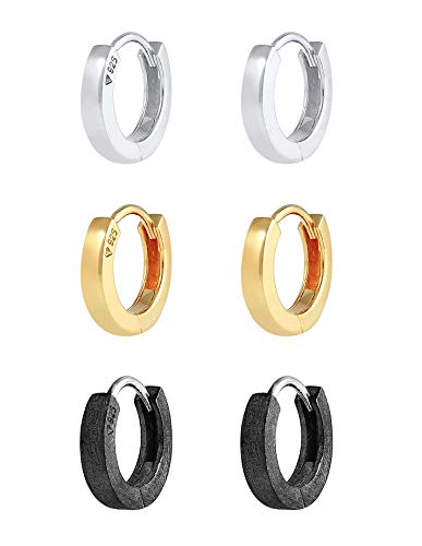 Kuzzoi Herren-Ohrringe Creolen Set rund 3 Paar Ohrhänger poliert-gebürstet Tri-Color Ohrringe für Männer Basic Creolen aus 925 Sterling Silber Hoop Ohrring-set Farbe vergoldet silber oxidiert