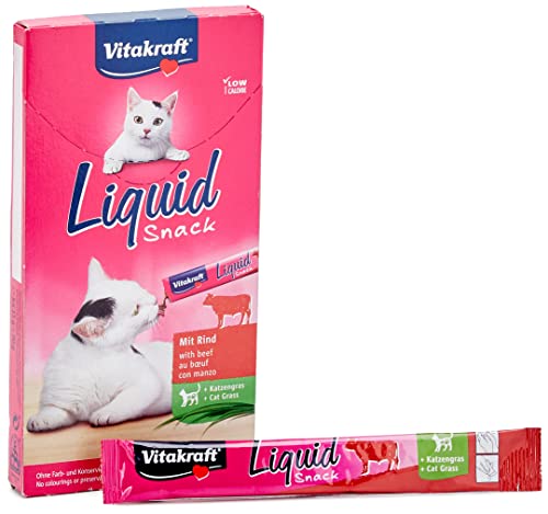 Vitakraft Liquid Snack flüssiger Katzen Snack Leckerli für Katzen mit Rind und Katzengras zur Unterstützung der gesunden Darmflora kalorienarm 1 Paket mit 6x 15g