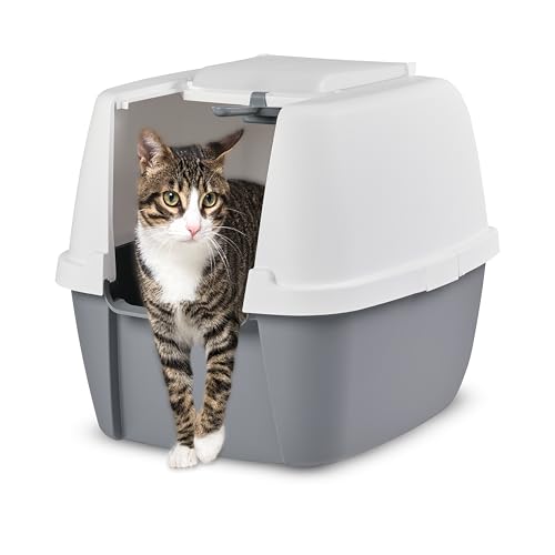 Iris Ohyama Katzenklo mit Schaufel bis 8 kg Weiß Grau mit Deckel Katzentoilette abnehmbarer Rand Für große Katzen Kätzchen geschlossen xxl Toilette BPA-frei Cat Litter Box CLH-17J