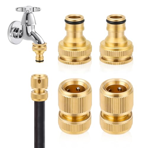 Sylken 4-Stück Messing Schlauch Fitting Set 1 2 Schlauch Verbindung aus solider Messing 2-in-1 Wasserhahn Adapter für 1 2 und 3 4 Schläuche Gartenschlauch Armaturen für Reparatur und Verbindung