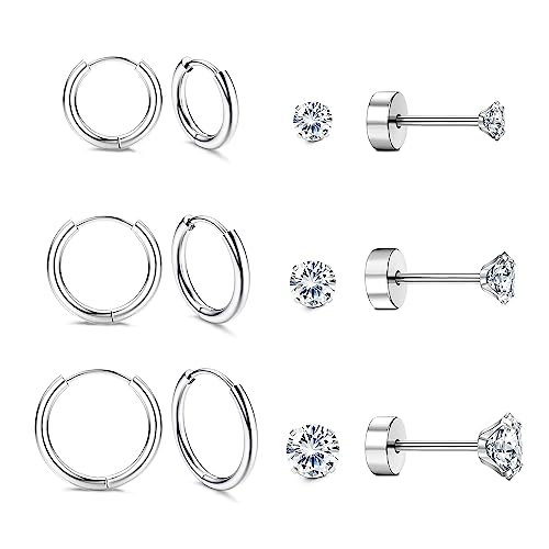 Kakonia 6Paar Creolen Ohrstecker Silber für Damen Titan Ohr Ohrring Tiny Huggies Stud Earrings Silver Mehrere Piercing hypoallergene Zirkonia Knorpel Tragus Helix Ohrringe Zum Schlafen Set