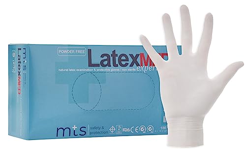 MTS Safety Protection Einweghandschuhe M - 100 Stück Box Latexhandschuhe Weiß - Einmalhandschuhe Puderfreie Handschuhe Natural Latex Gummihandschuhe Einweg Gloves M 100 Stück