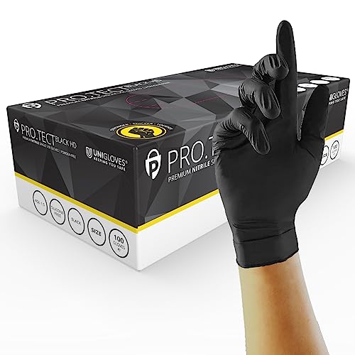 UNIGLOVES PRO.TECT Schwarze HD-Nitril-Einweghandschuhe Ultra strapazierfähig Einmalgebrauch multifunktional puderfrei Box mit 100 Handschuhen Größe XS GA0061