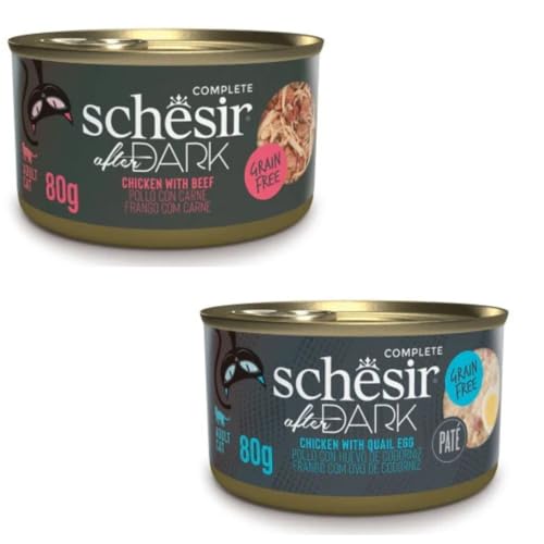 Schesir After Dark Nassfutter für Katzen in Pastete und Brühe 2er Pack 24 x 80 g sortiert 24 x 80 g Hühnchen mit Schinken in Brühe Hühnchen mit Wachtelei