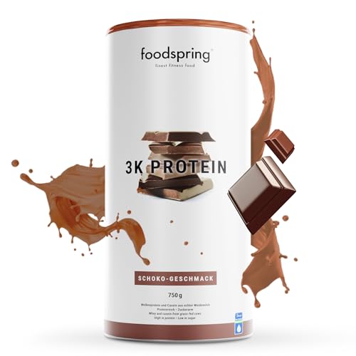 foodspring 3K Protein Pulver Schokolade 750g Mehrkomponenten Eiweißpulver aus hochwertigem Whey Casein Ei-Protein BCAAs Zuckerfrei hoher Proteingehalt ideal für den Muskelaufbau Erhalt