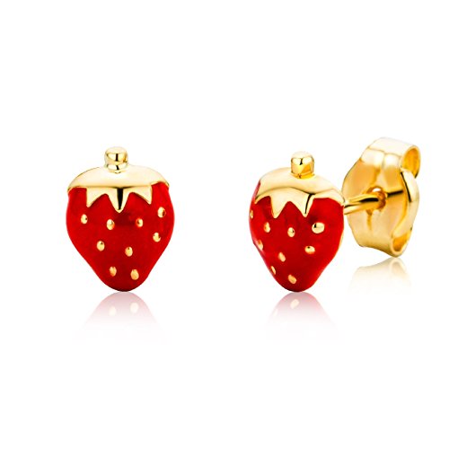 Miore Schmuck Kinder Ohrstecker rote Erdbeeren Ohrringe aus Gelbgold 18 Karat 750 Gold