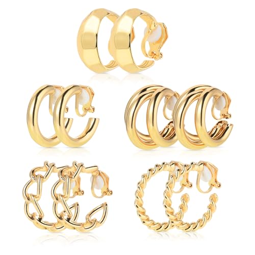 Giantree 5 Paare Gold Ohrclips für Damen Gold Chunky Creolen Set Clip Ohrringe Ohne Ohrlöcher Hypoallergen Modeschmuck Geschenk stil 1